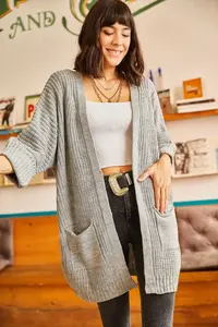 Olalook Women's Gray Sleeve Folded Pocket Casual Knitwear Cardigan - Image 4