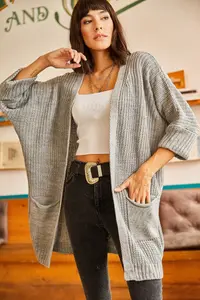 Olalook Women's Gray Sleeve Folded Pocket Casual Knitwear Cardigan - Image 5