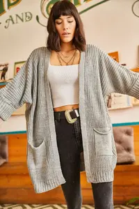 Olalook Women's Gray Sleeve Folded Pocket Casual Knitwear Cardigan - Image 6