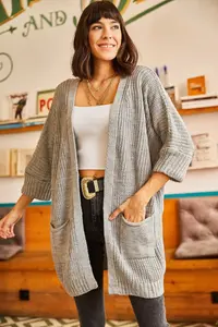 Olalook Women's Gray Sleeve Folded Pocket Casual Knitwear Cardigan - Image 7