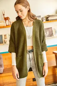 Olalook Women's Khaki Sleeve Folded Pocket Loose Knitwear Cardigan