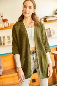 Olalook Women's Khaki Sleeve Folded Pocket Loose Knitwear Cardigan - Image 2