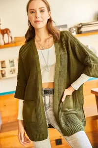 Olalook Women's Khaki Sleeve Folded Pocket Loose Knitwear Cardigan - Image 3