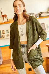Olalook Women's Khaki Sleeve Folded Pocket Loose Knitwear Cardigan - Image 4
