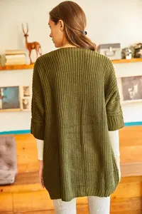Olalook Women's Khaki Sleeve Folded Pocket Loose Knitwear Cardigan - Image 5