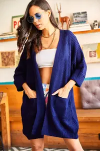 Olalook Women's Navy Blue Sleeve Folded Pocket Casual Knitwear Cardigan - Image 2