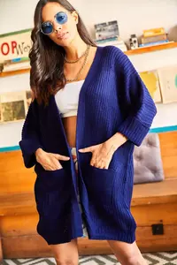 Olalook Women's Navy Blue Sleeve Folded Pocket Casual Knitwear Cardigan - Image 3