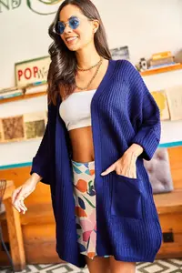 Olalook Women's Navy Blue Sleeve Folded Pocket Casual Knitwear Cardigan - Image 4