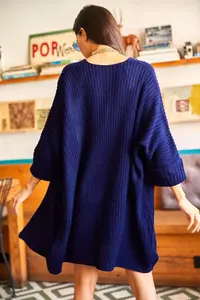 Olalook Women's Navy Blue Sleeve Folded Pocket Casual Knitwear Cardigan - Image 5