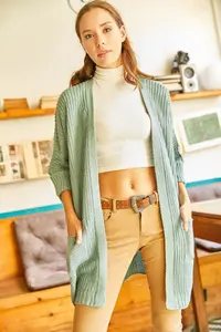 Olalook Women's Green Green Sleeve Folded Pocket Casual Knitwear Cardigan