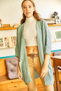 Olalook Women's Green Green Sleeve Folded Pocket Casual Knitwear Cardigan - Image 2