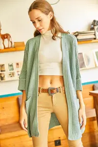 Olalook Women's Green Green Sleeve Folded Pocket Casual Knitwear Cardigan - Image 3