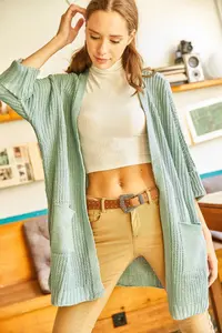 Olalook Women's Green Green Sleeve Folded Pocket Casual Knitwear Cardigan - Image 5