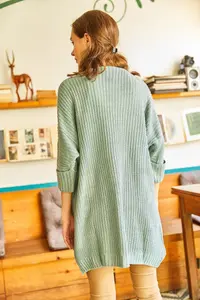 Olalook Women's Green Green Sleeve Folded Pocket Casual Knitwear Cardigan - Image 6
