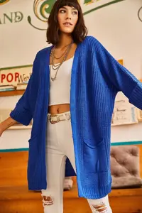 Olalook Women's Saks Blue Sleeve Folded Pocket Casual Knitwear Cardigan