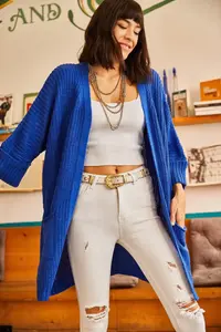 Olalook Women's Saks Blue Sleeve Folded Pocket Casual Knitwear Cardigan - Image 2