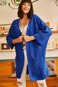 Olalook Women's Saks Blue Sleeve Folded Pocket Casual Knitwear Cardigan - Image 4