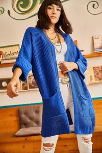 Olalook Women's Saks Blue Sleeve Folded Pocket Casual Knitwear Cardigan - Image 5