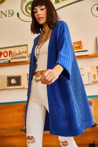 Olalook Women's Saks Blue Sleeve Folded Pocket Casual Knitwear Cardigan - Image 6