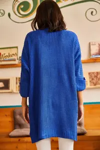 Olalook Women's Saks Blue Sleeve Folded Pocket Casual Knitwear Cardigan - Image 7