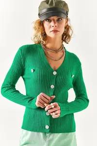 Olalook Women's Emerald Green Accessory Pocket Detailed Buttoned Cardigan - Image 2