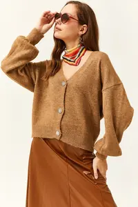 Olalook Women's Camel Stone Buttoned Soft Textured Knitwear Cardigan - Image 2