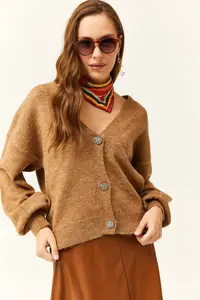Olalook Women's Camel Stone Buttoned Soft Textured Knitwear Cardigan - Image 3