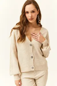 Olalook Women's Stone Stone Buttoned Soft Textured Knitwear Cardigan