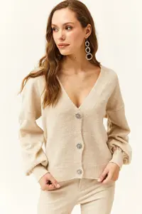 Olalook Women's Stone Stone Buttoned Soft Textured Knitwear Cardigan - Image 2