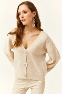 Olalook Women's Stone Stone Buttoned Soft Textured Knitwear Cardigan - Image 3
