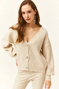 Olalook Women's Stone Stone Buttoned Soft Textured Knitwear Cardigan - Image 4