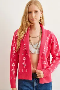 Olalook Women's Fuchsia Floral Patterned Shawl Collar Knitwear Cardigan