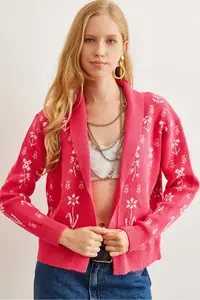Olalook Women's Fuchsia Floral Patterned Shawl Collar Knitwear Cardigan - Image 2