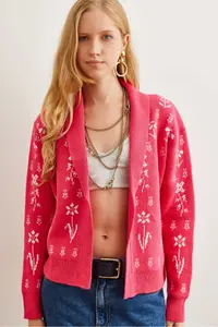 Olalook Women's Fuchsia Floral Patterned Shawl Collar Knitwear Cardigan - Image 3