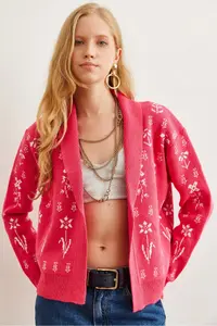 Olalook Women's Fuchsia Floral Patterned Shawl Collar Knitwear Cardigan - Image 4