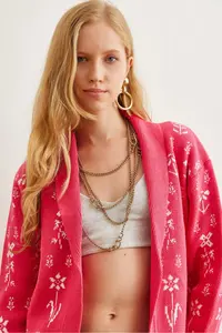 Olalook Women's Fuchsia Floral Patterned Shawl Collar Knitwear Cardigan - Image 5