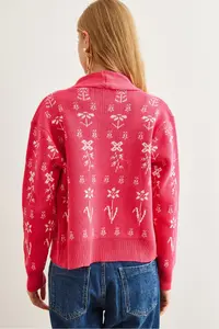 Olalook Women's Fuchsia Floral Patterned Shawl Collar Knitwear Cardigan - Image 6