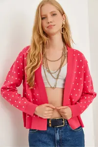 Olalook Women's Fuchsia Heart Detailed Thick Banded Knitwear Cardigan