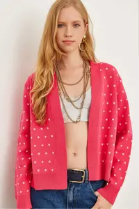 Olalook Women's Fuchsia Heart Detailed Thick Banded Knitwear Cardigan - Image 2