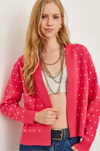 Olalook Women's Fuchsia Heart Detailed Thick Banded Knitwear Cardigan - Image 3