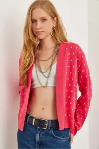 Olalook Women's Fuchsia Heart Detailed Thick Banded Knitwear Cardigan - Image 4