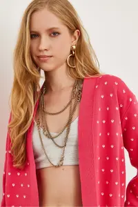 Olalook Women's Fuchsia Heart Detailed Thick Banded Knitwear Cardigan - Image 5