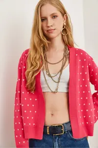 Olalook Women's Fuchsia Heart Detailed Thick Banded Knitwear Cardigan - Image 6