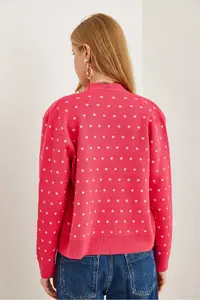 Olalook Women's Fuchsia Heart Detailed Thick Banded Knitwear Cardigan - Image 7