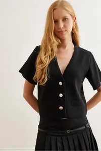 Olalook Women's Black Soft Textured Short Sleeve Knitwear Cardigan - Image 2