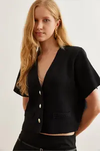 Olalook Women's Black Soft Textured Short Sleeve Knitwear Cardigan - Image 3