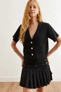 Olalook Women's Black Soft Textured Short Sleeve Knitwear Cardigan - Image 4