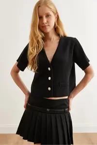 Olalook Women's Black Soft Textured Short Sleeve Knitwear Cardigan - Image 5