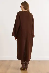 Olalook Women's Bitter Brown Cuff Folded Maxi Knitwear Cardigan - Image 2
