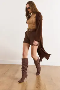 Olalook Women's Bitter Brown Cuff Folded Maxi Knitwear Cardigan - Image 3